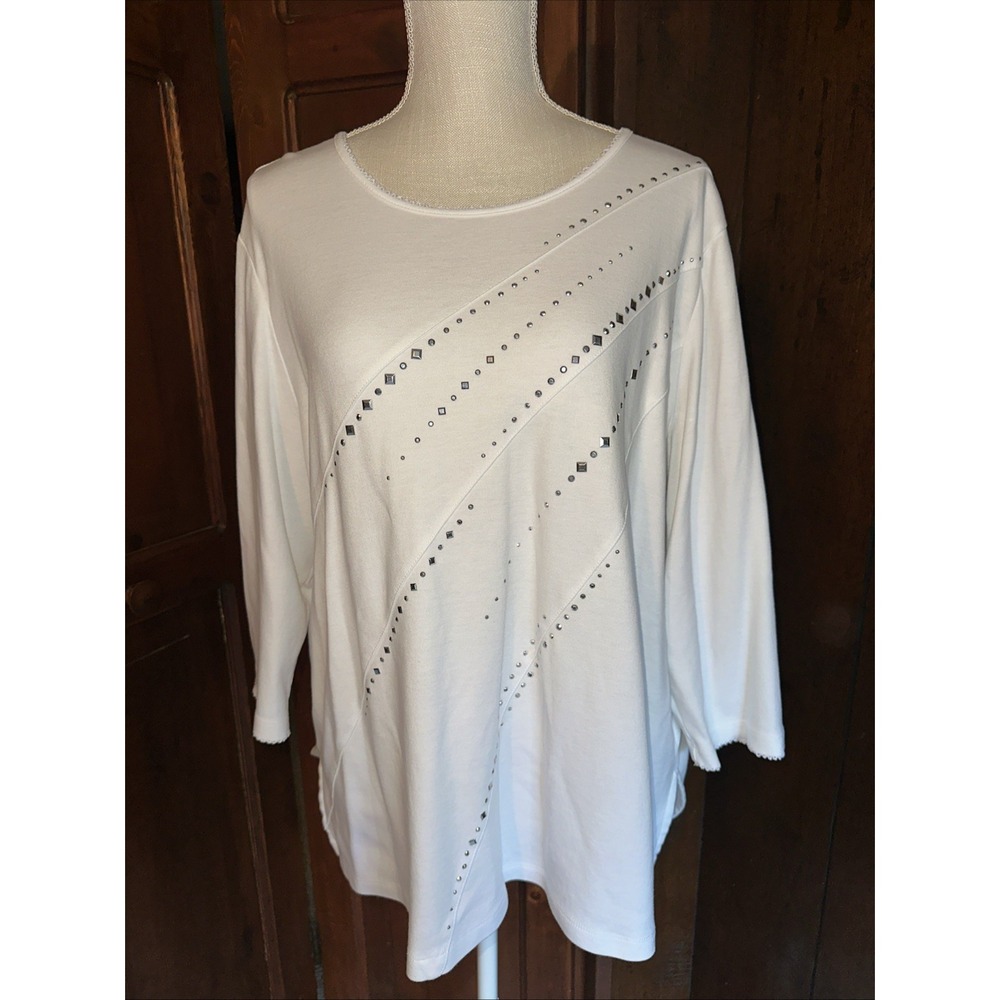 Womens ALFRED DUNNER‎ PULLOVER STUDDED TOP Size XL White EUC